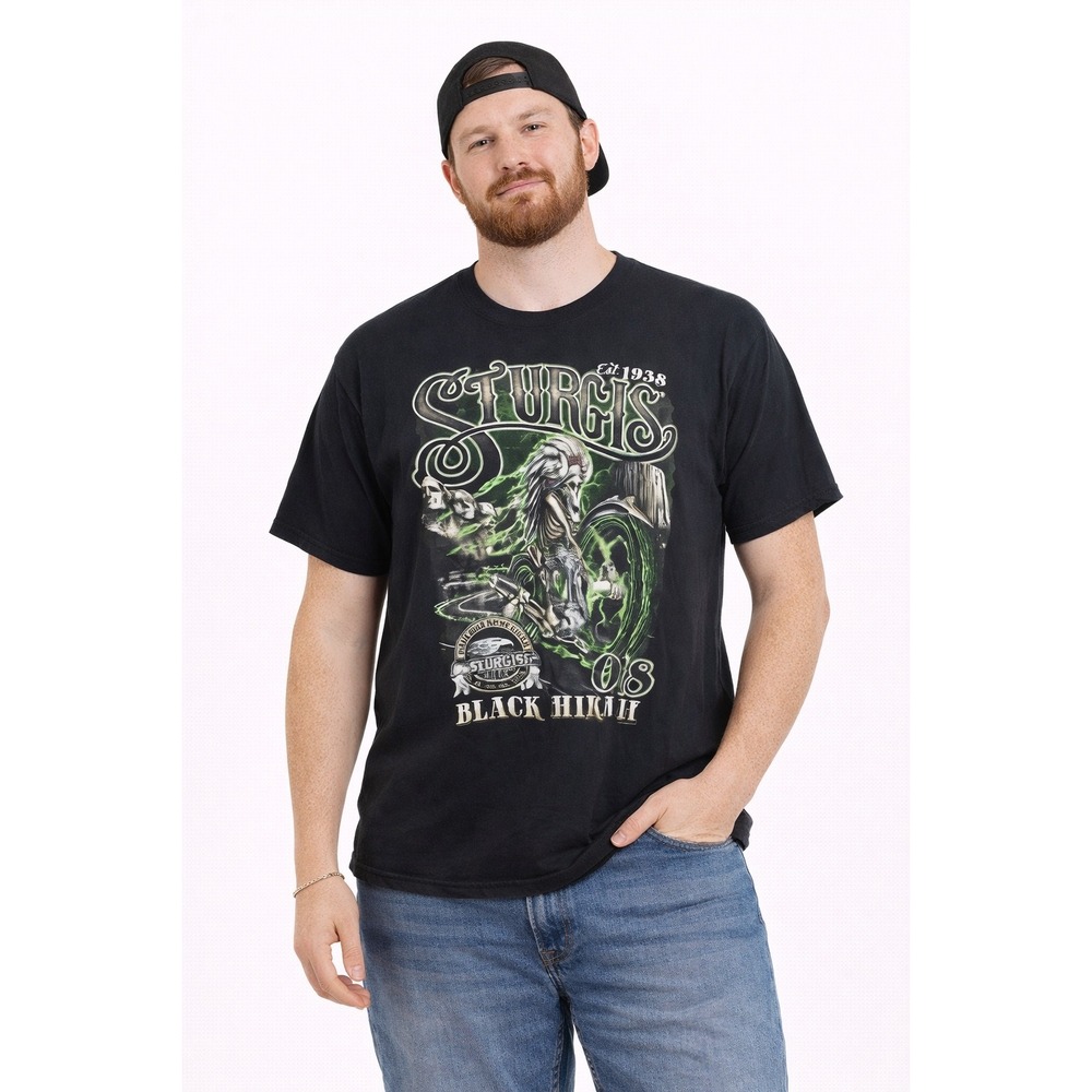 Gildan Sturgis Black Hills Rally T-Shirt Men L Black 2018 Skeleton Biker Graphic